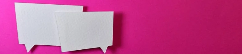 White speech bubbles against a pink background.