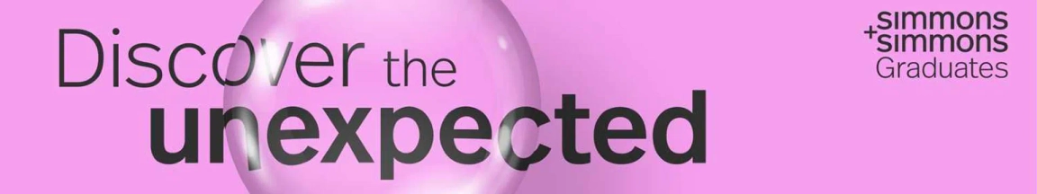 Promotional banner with the text "Discover the unexpected" alongside the Simmons & Simmons Graduates logo on a pink background.