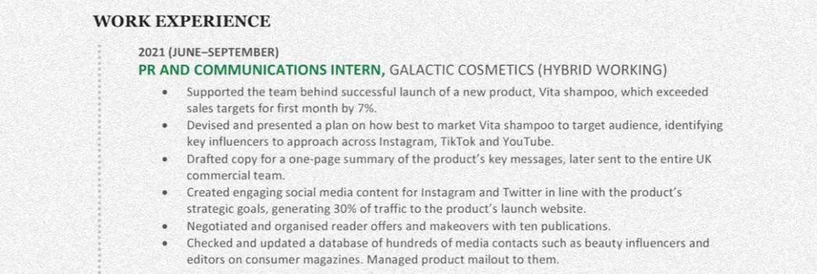 Work experience section of a CV.