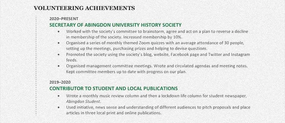 An extracurricular activities section of a CV.