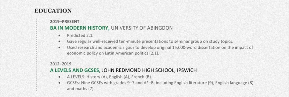 Section of a CV showing education details.